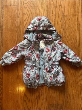 Mexx 12-18M Floral Hooded Fall Jacket - Gray with Red Flowers